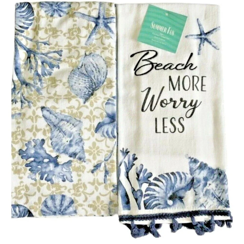 Summer Beach House Kitchen Dish Towels Beach More Worry Less Shells Set of 2